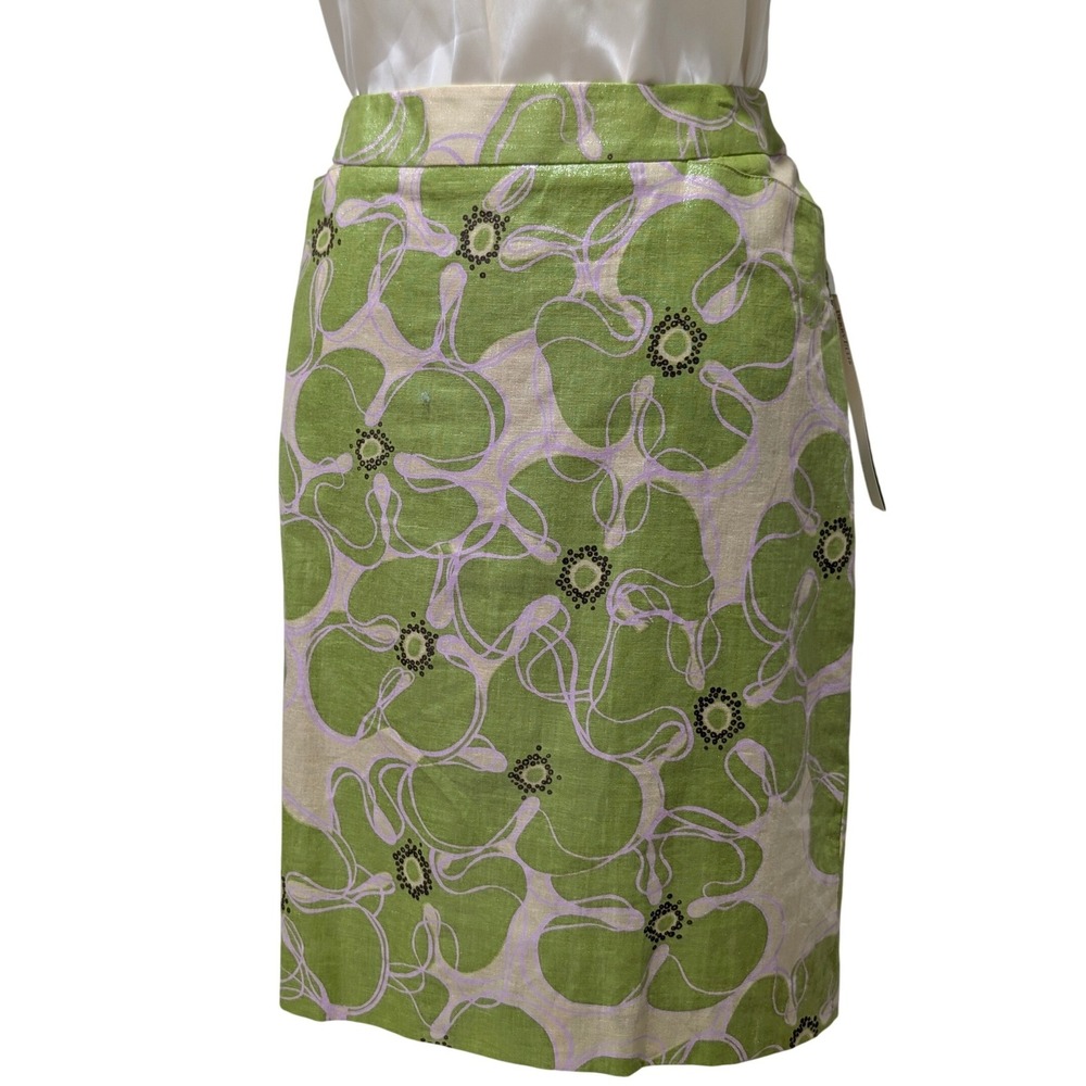 NWT Perry Ellis Apple Green Floral Linen Blend Metallic Pencil Skirt Pockets 6 - Picture 4 of 11